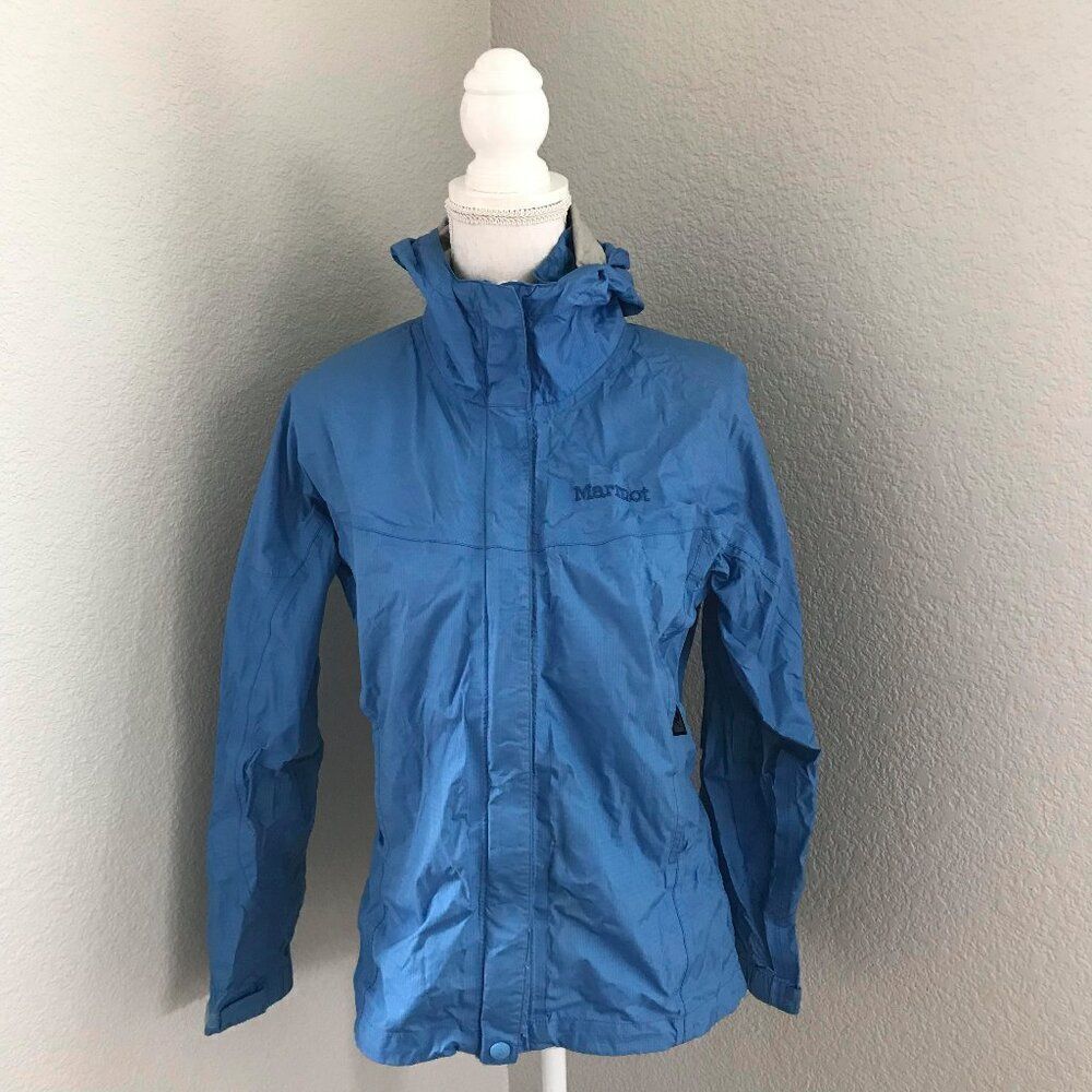Marmot Women Small Blue Precip Eco Outdoor Waterproof Hooded Rain Jacket